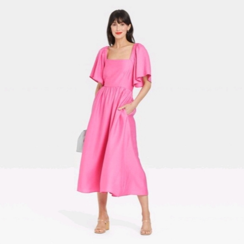 NEVER WORN A New Day Womens Midi Flutter Short Sleeve Tie Back Dress Pink SMALL